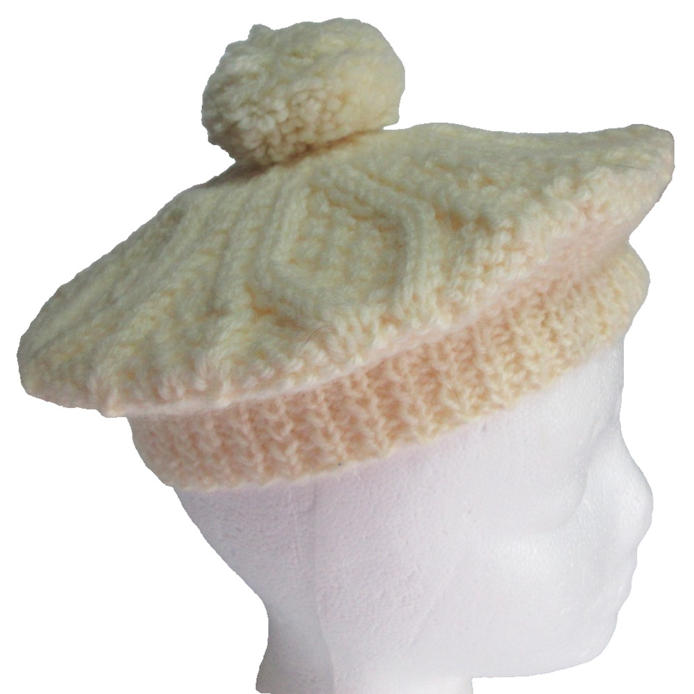 VTG John Molloy Cream Old Money Minimalist Aran Wool Pom Knit Ireland Hat Beret